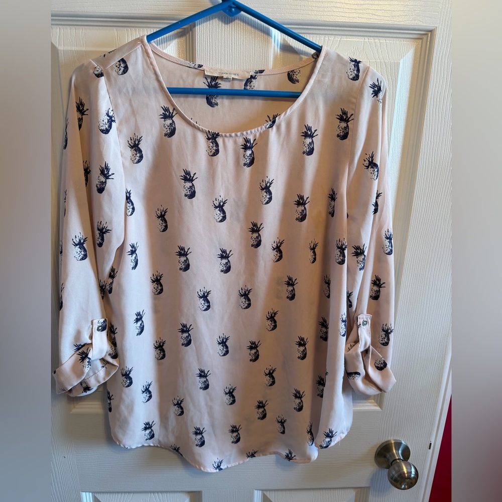 41 Hawthorn Pineapple Print Blouse - Cream and Blue Sz S